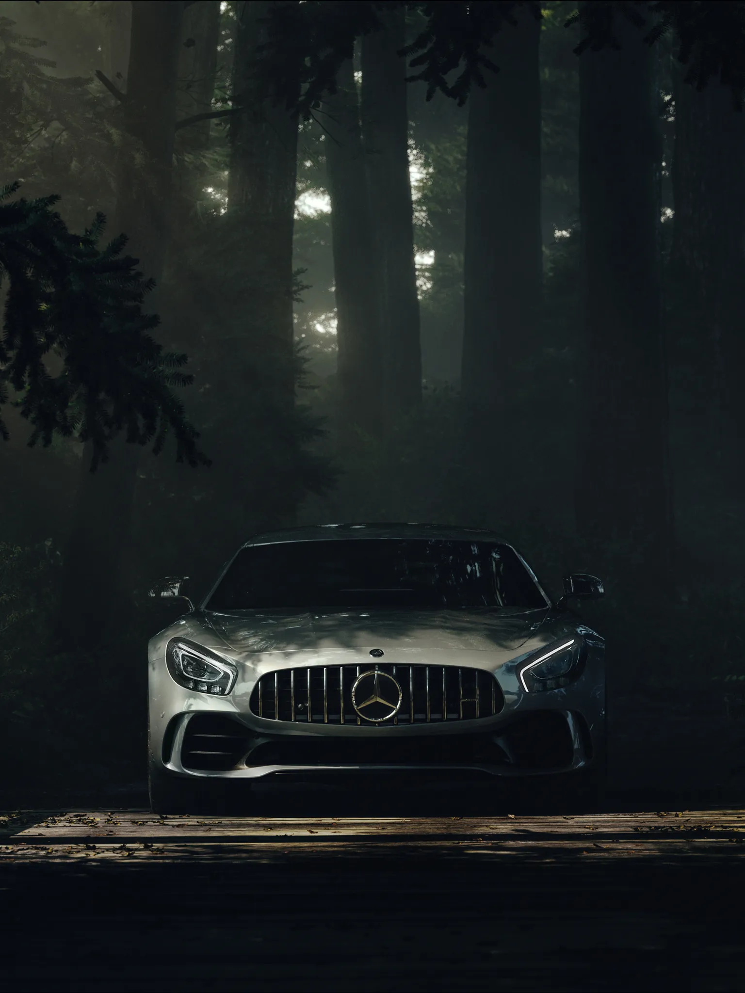 Mercedes Benz SUV in Mysterious Forest Setting Wallpaper