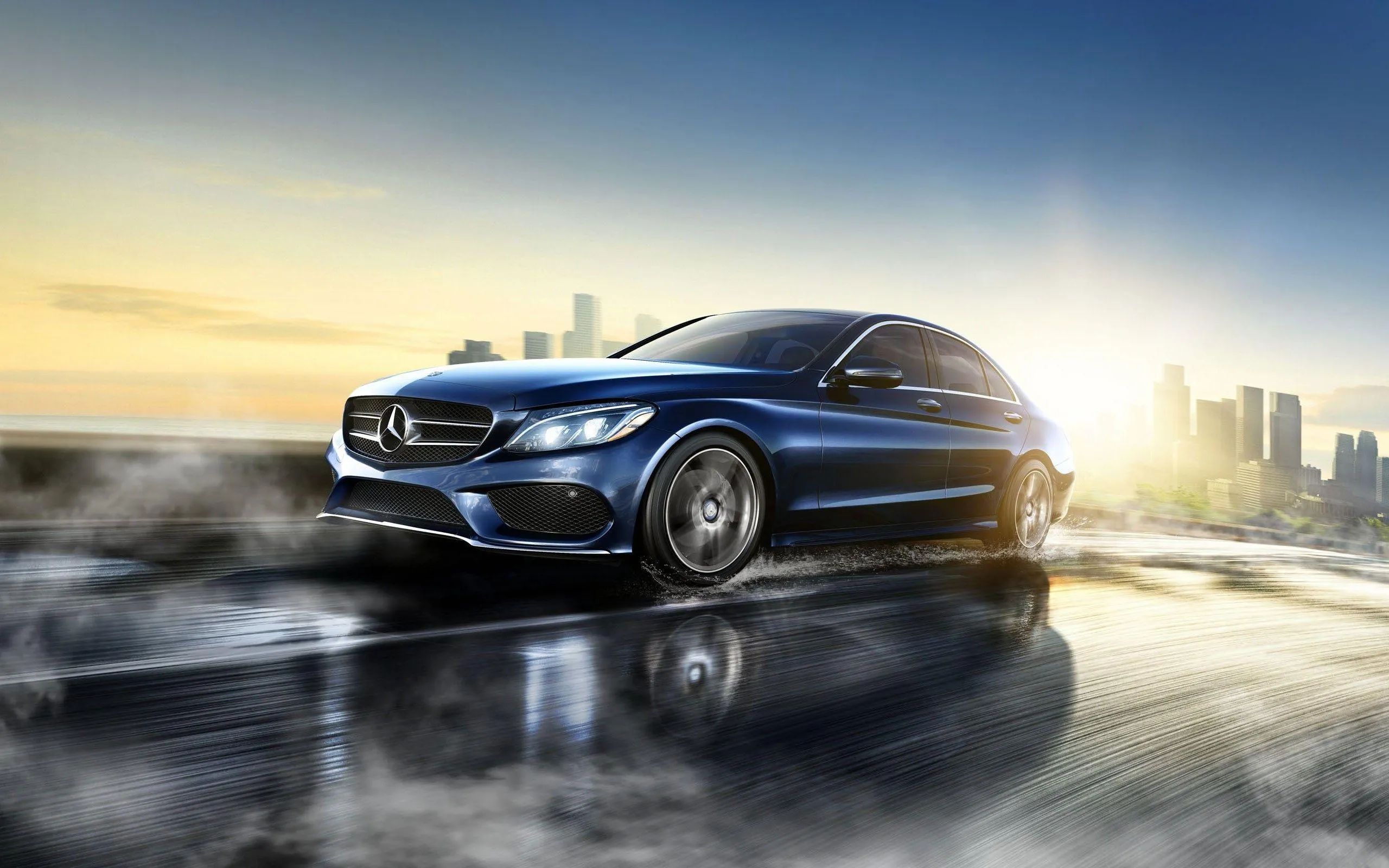 Mercedes Car Driving at Sunset With City Reflections image