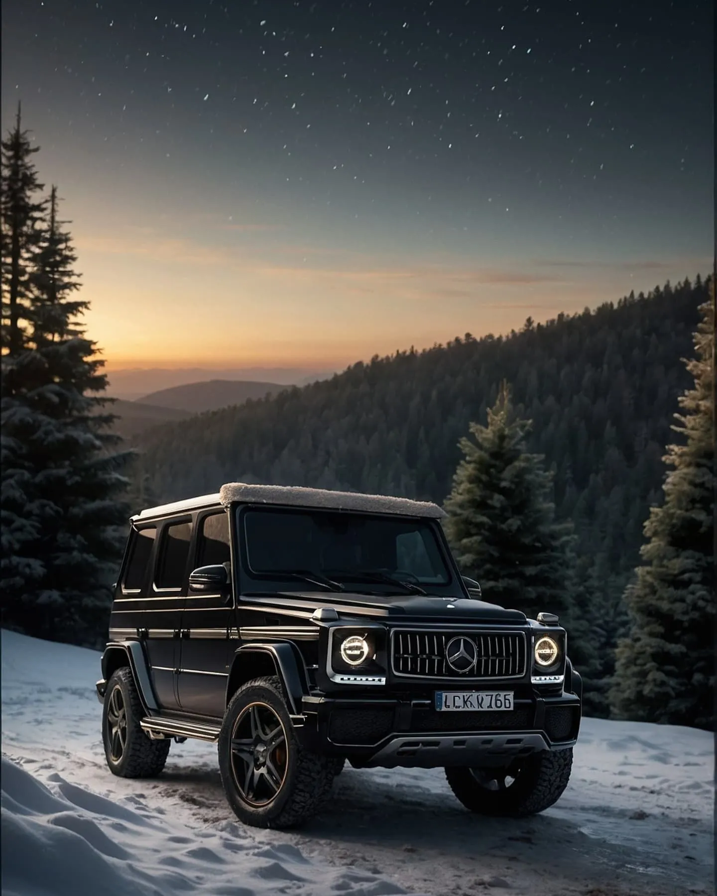 Mercedes G Wagon Driving Through Snowy Mountain Evening