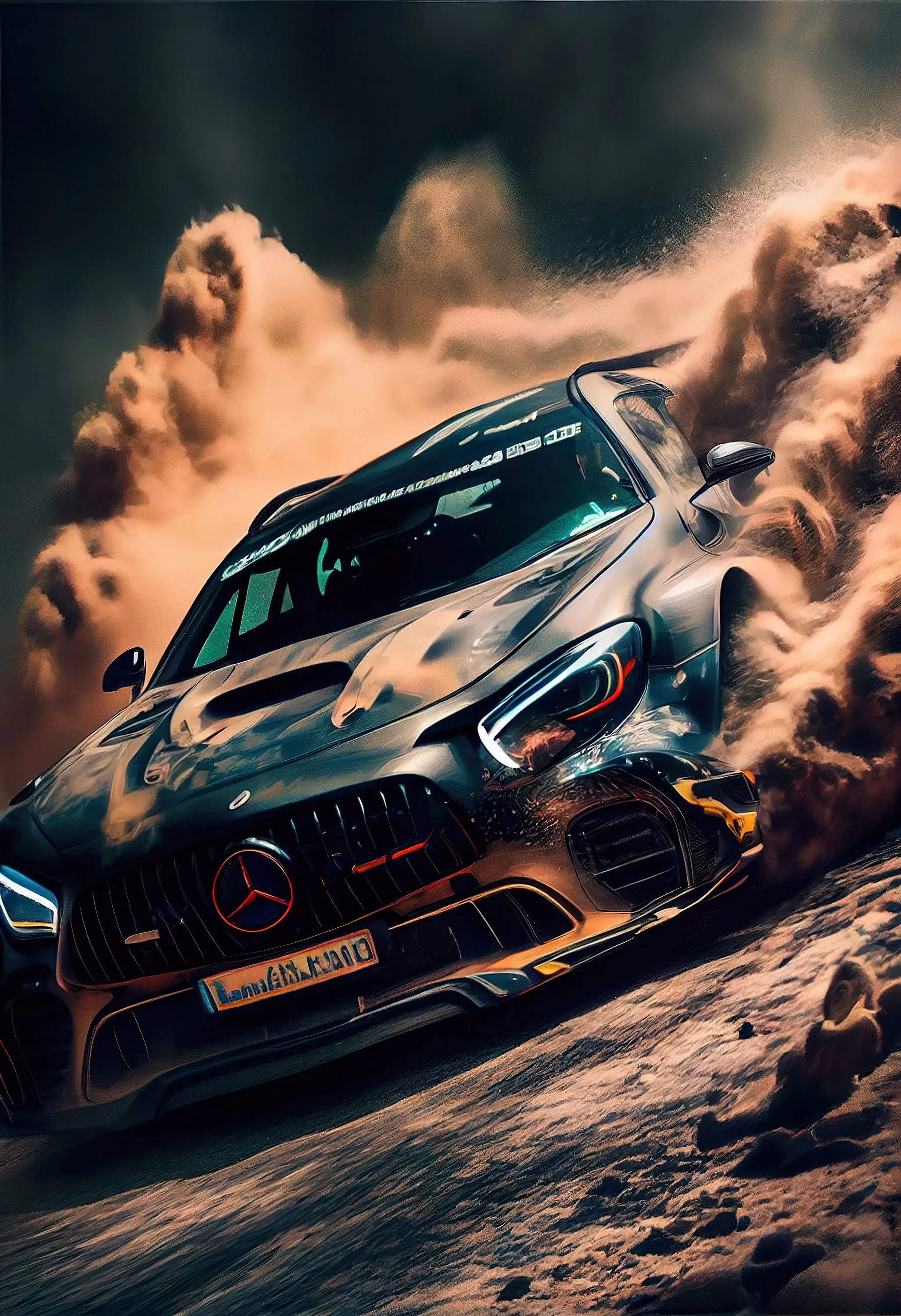 Mercedes Rally Car Kicking Up Dirt in Action Wallpaper