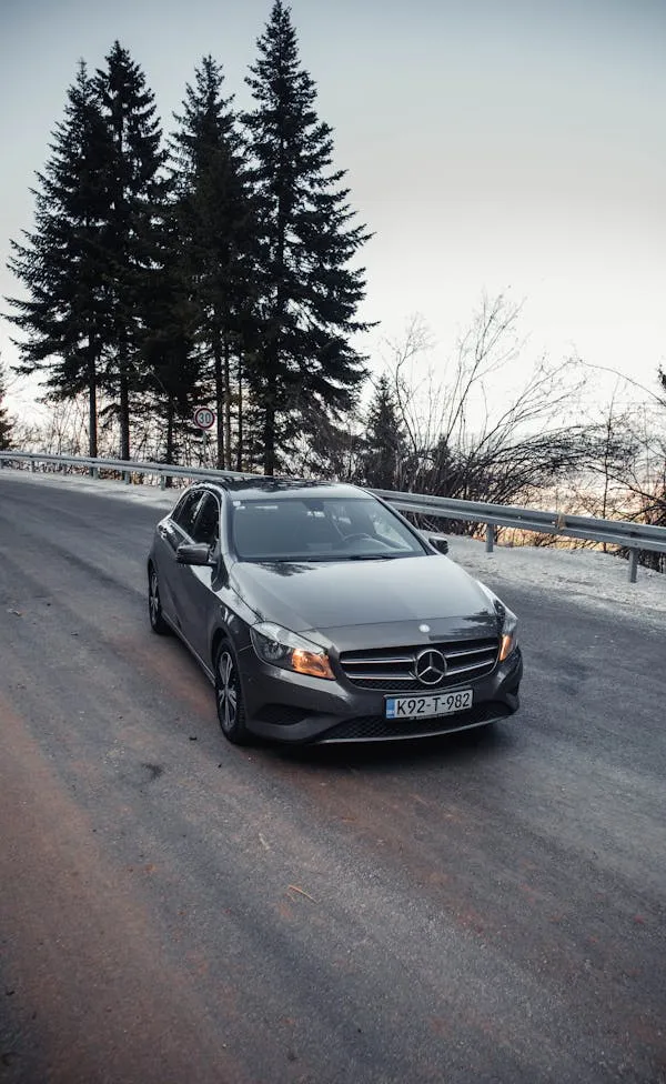 Mercedes Sedan Driving on a Winding Forest Road HD iimage