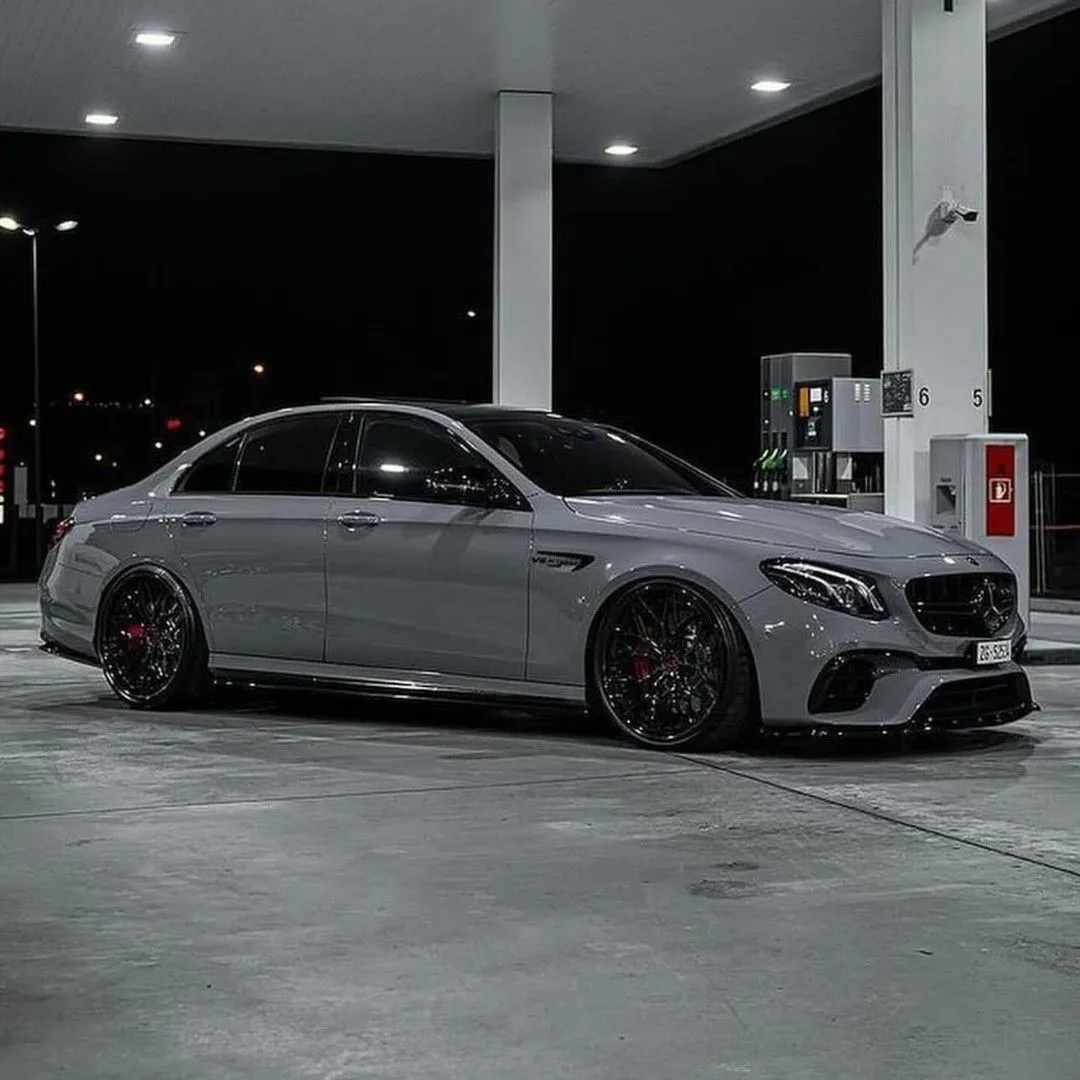 Mercedes Sedan Refueling at Night Gas Station Wallpaper 4K