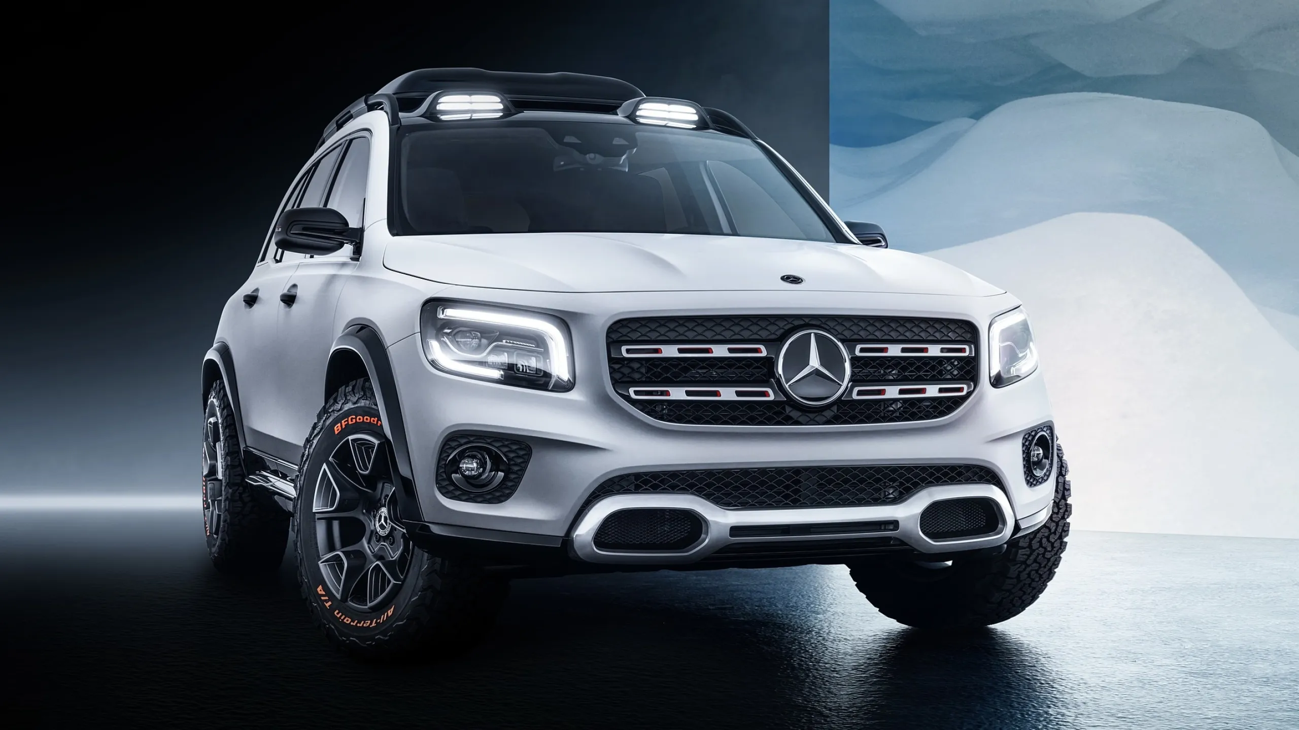 Mercedes SUV Displayed on Sleek Blue and White Backdrop