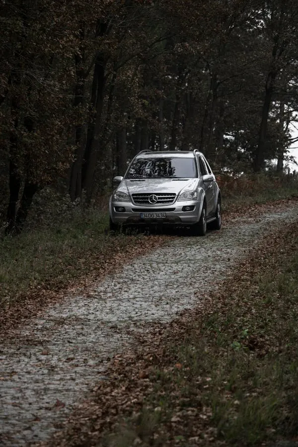Mercedes SUV Driving on Gravel Path in the Woods image