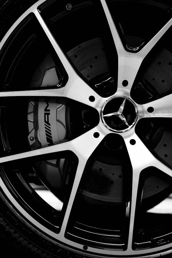 Modern Black AMG Mercedes Benz Wheel Rim Close Up Image