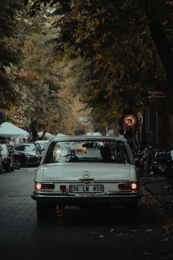 Old Mercedes Benz Driving Through Autumn Street image