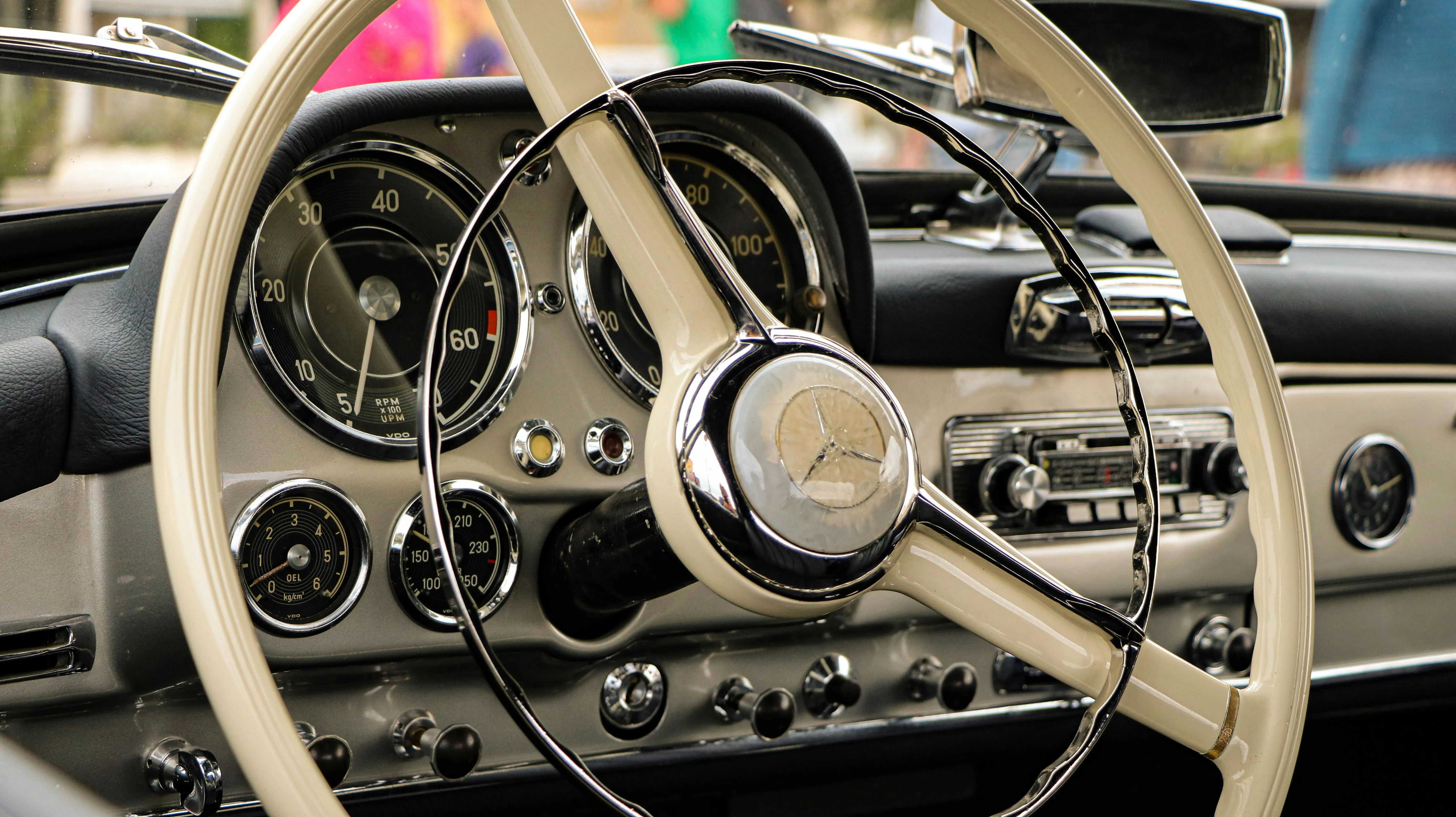 Old style Mercedes Benz Car Steering Wheel and Dashboard