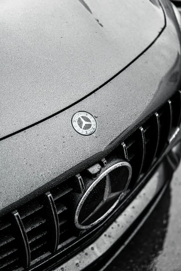Rain covered Mercedes emblem close up on black hood HD