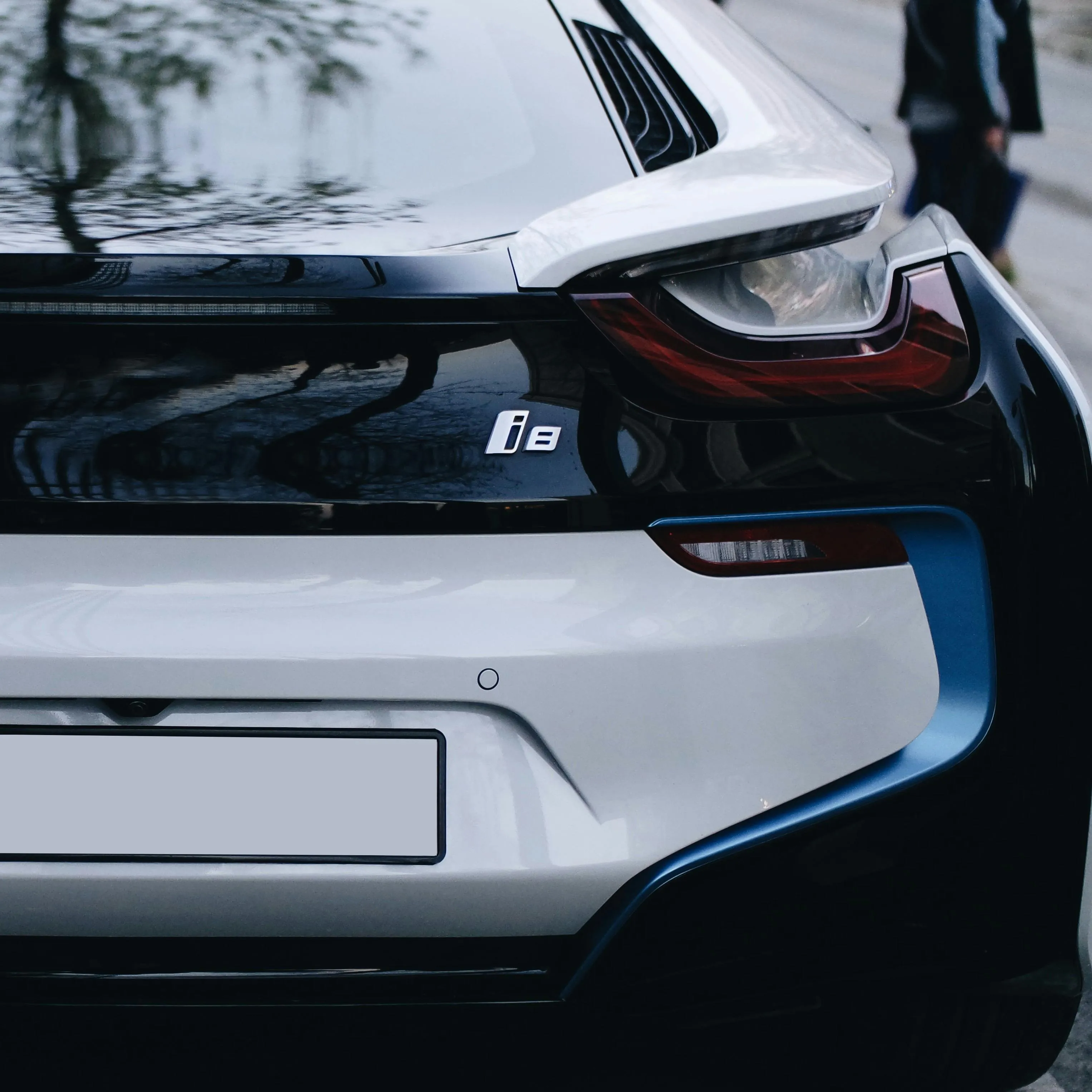 Rear Close Up of White Bmw Electric Car with I Badge