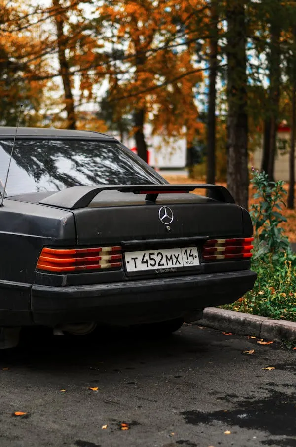 Rear View of Classic Black Benz in Autumn Street Wallpaper