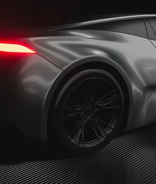 Rear view of futuristic Mercedes concept car on dark backdrop