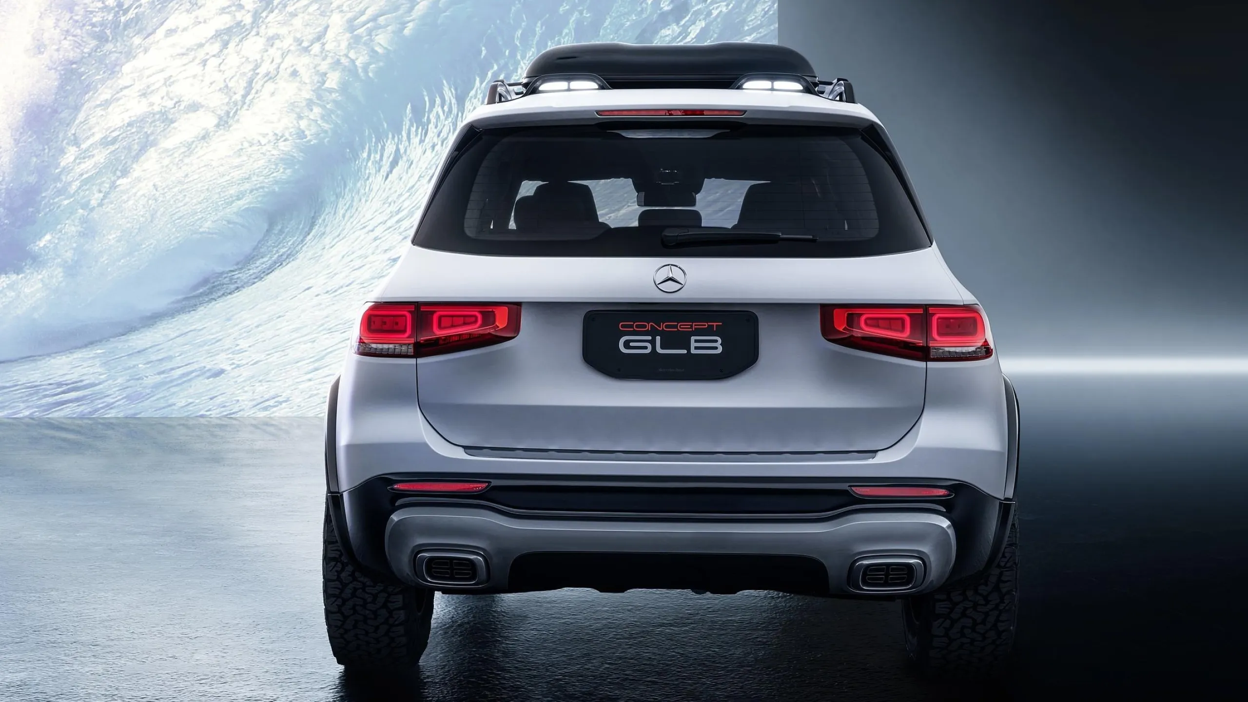 Rear View of Mercedes SUV Against Futuristic Backdrop