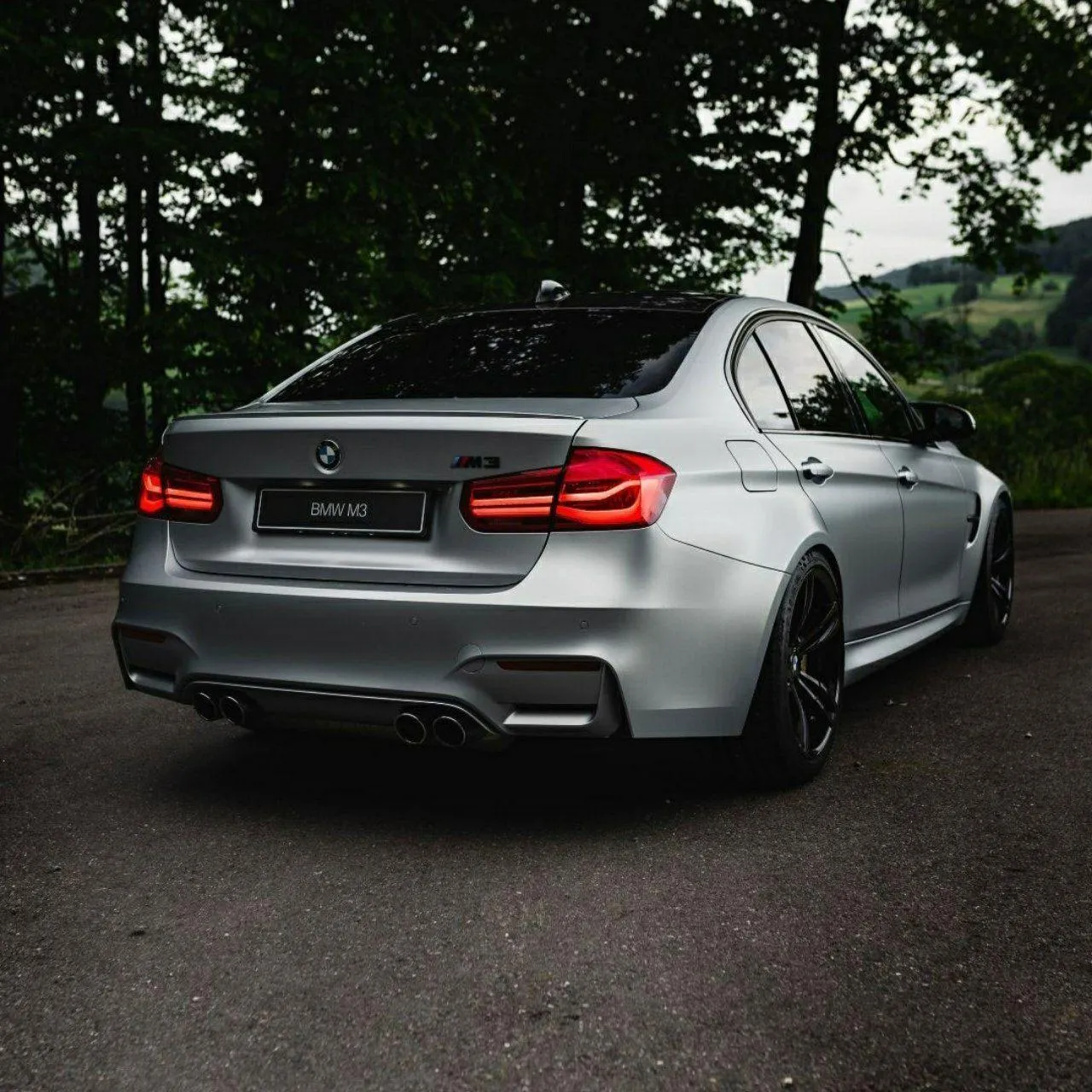 Rear View of Silver Bmw Parked in a Forested Place Image
