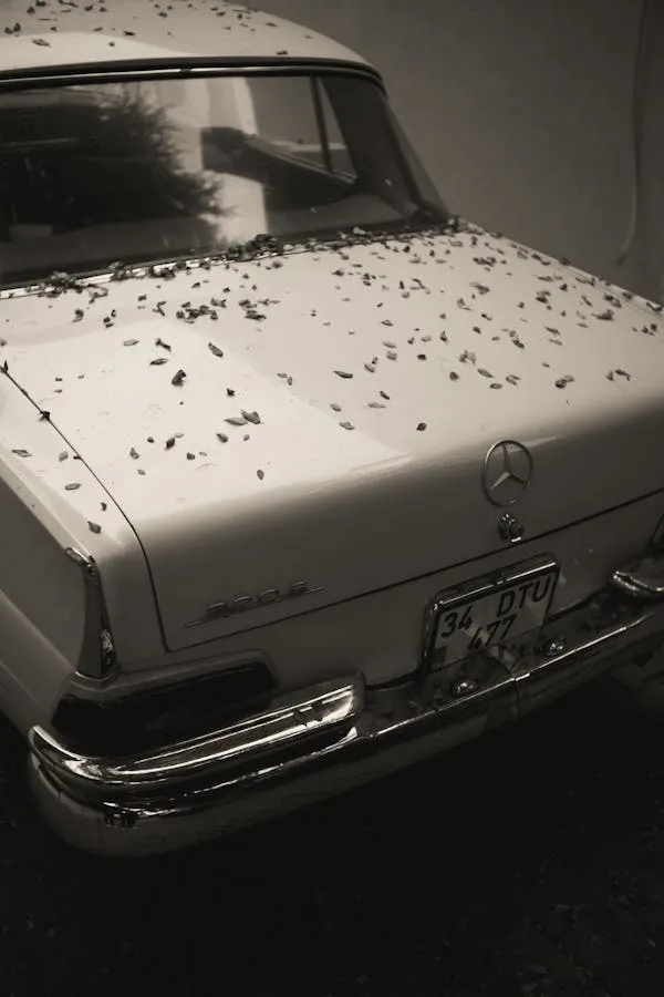 Rear View of Vintage Mercedes Benz Covered with leaf Wallpaper