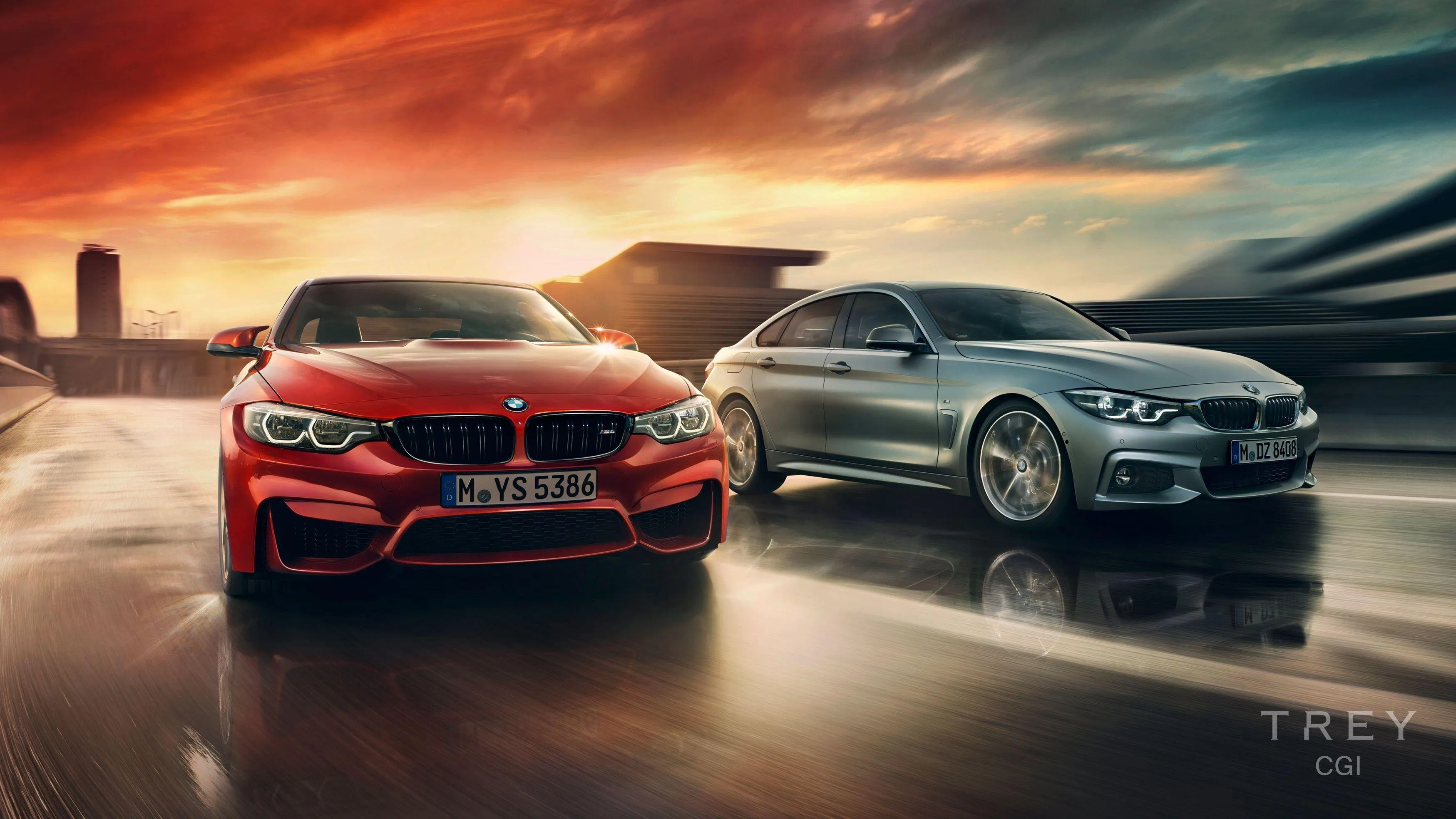 Red and Silver Bmws Driving on Open Road at Sunset Hd Image