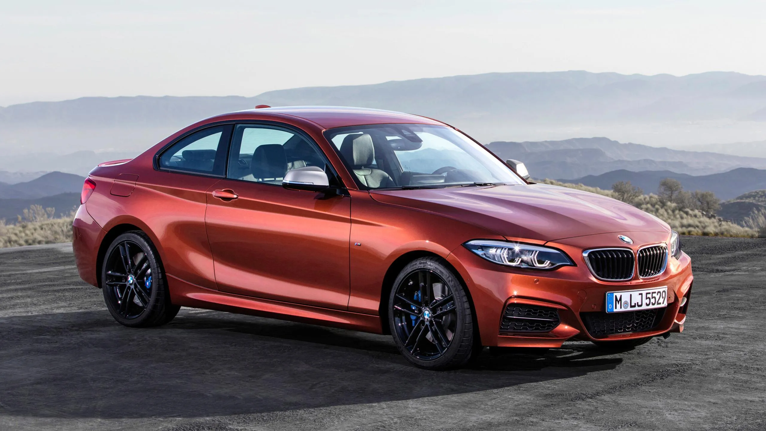 Red Bmw Coupe Posed in Open Landscape with Hazy Sky