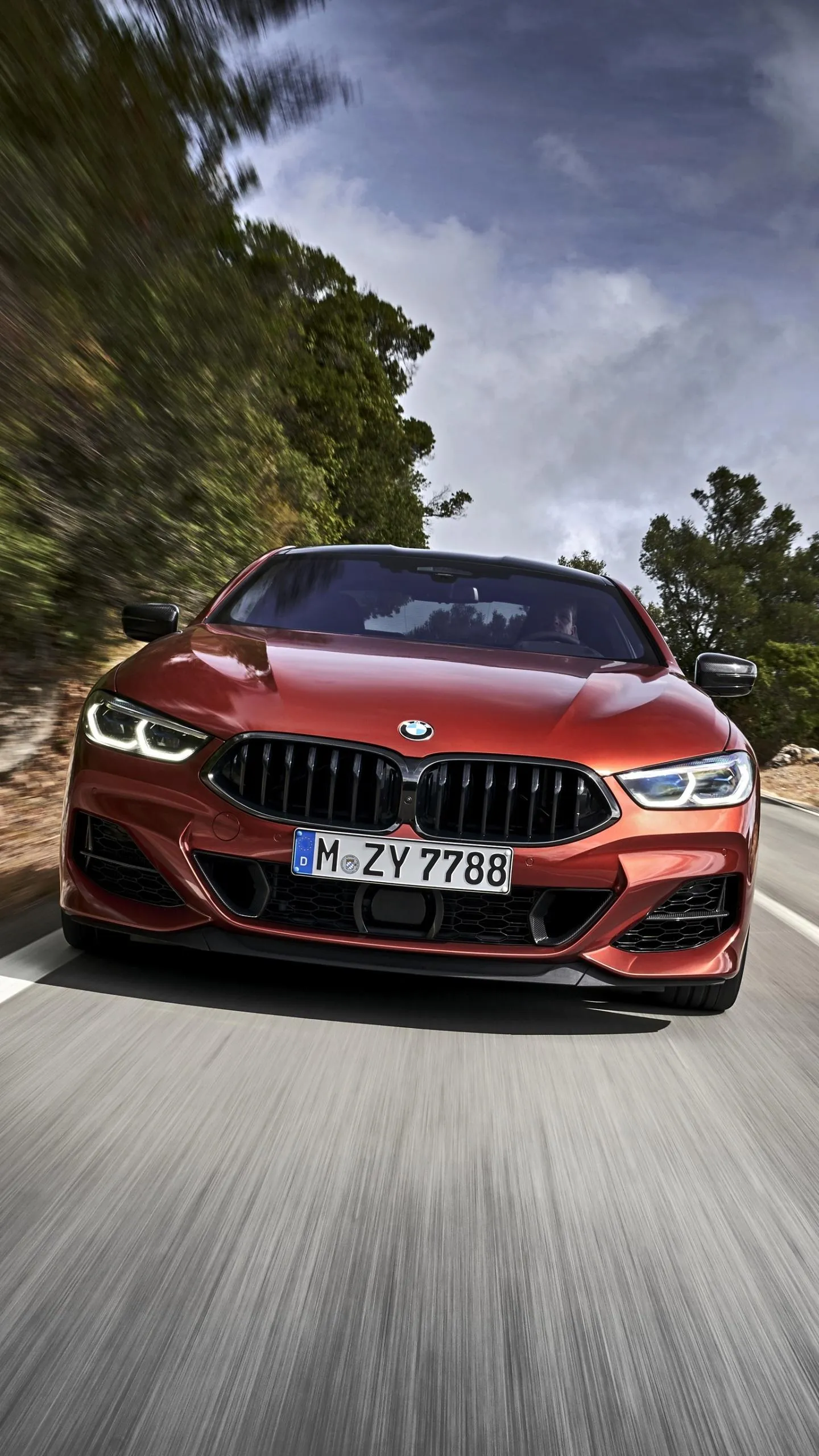 Red Bmw Driving Fast on Road with Greenery on Sides
