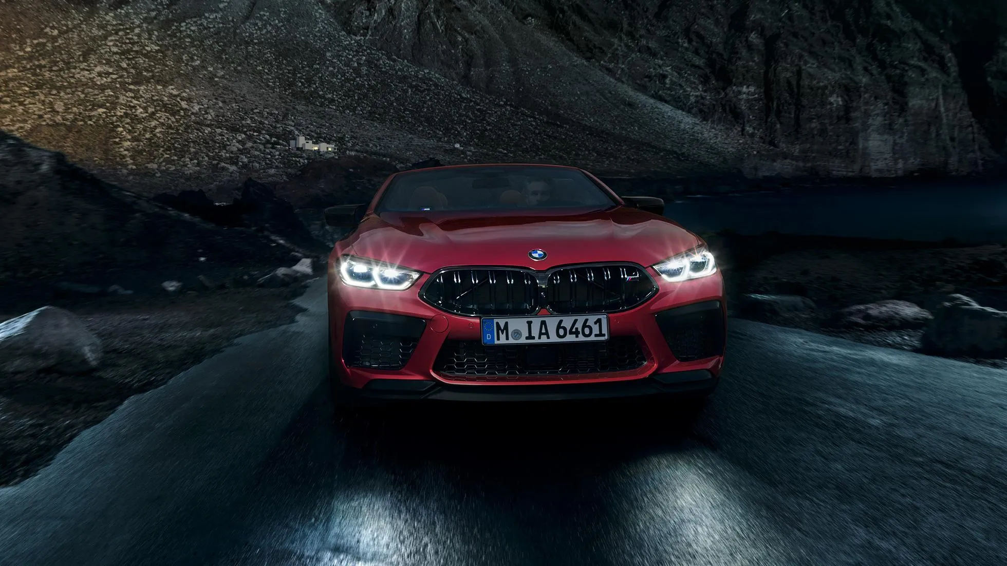Red Bmw Front View Driving Fast on Mountain Road Curve