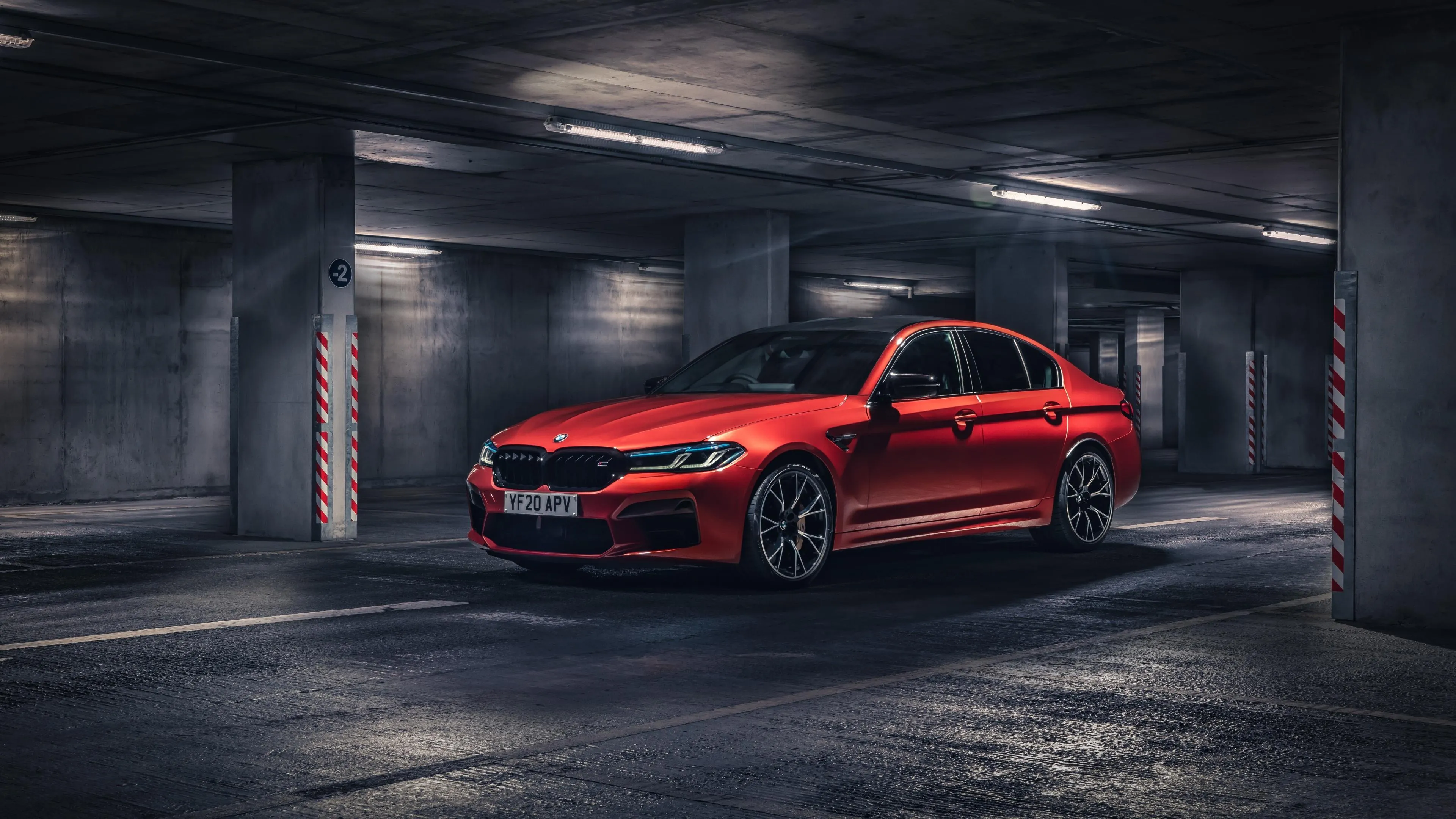 Red Bmw in Dark Parking Garage with Moody Lighting