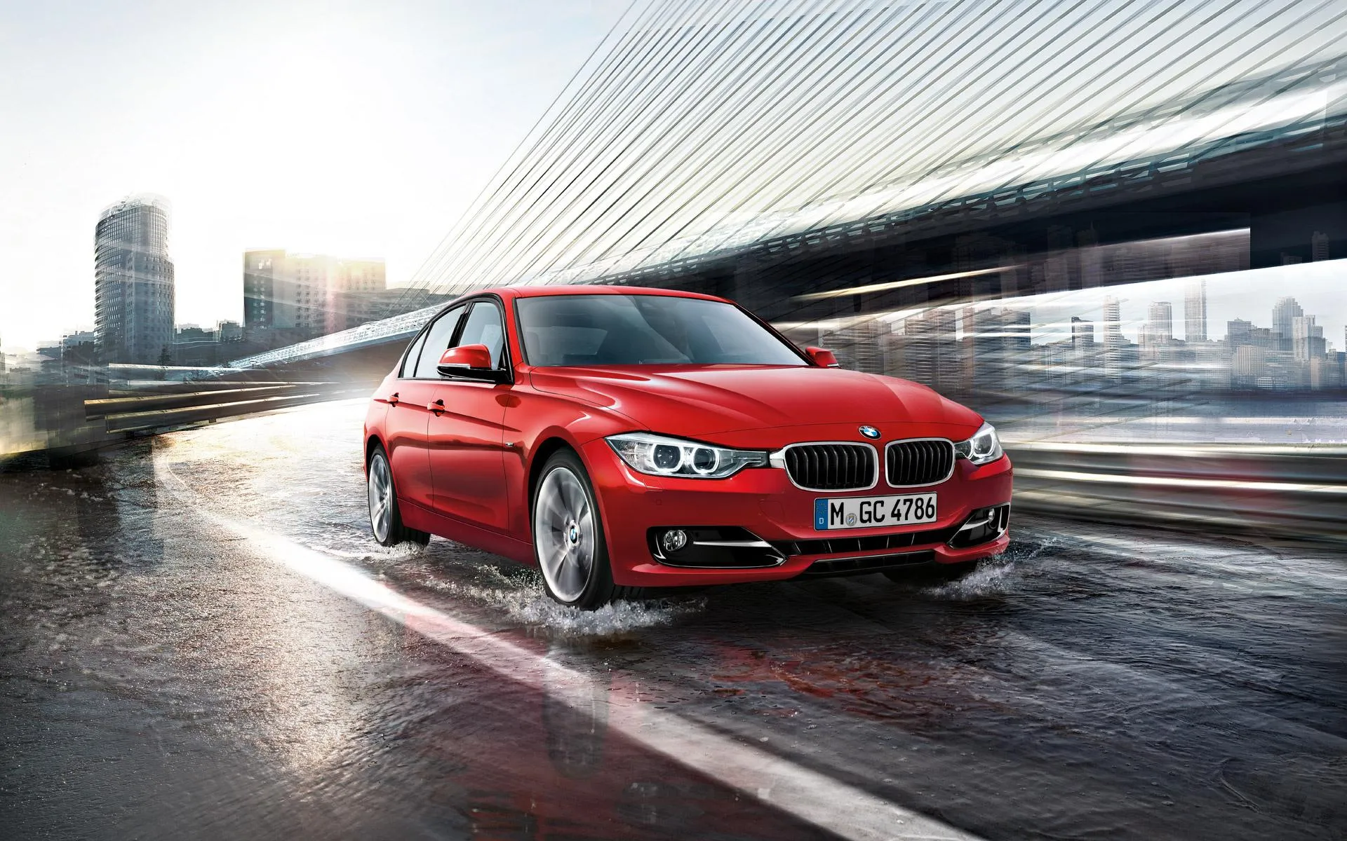 Red Bmw Sedan Driving on Rainy City Street Hd Wallpaper