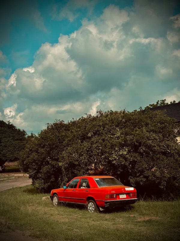 Red Classic Mercedes Benz Under Clear Blue Sky View image