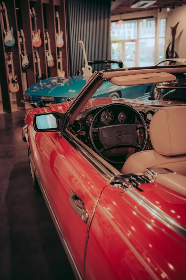 Red Convertible Mercedes Benz Inside Classic Car Garage