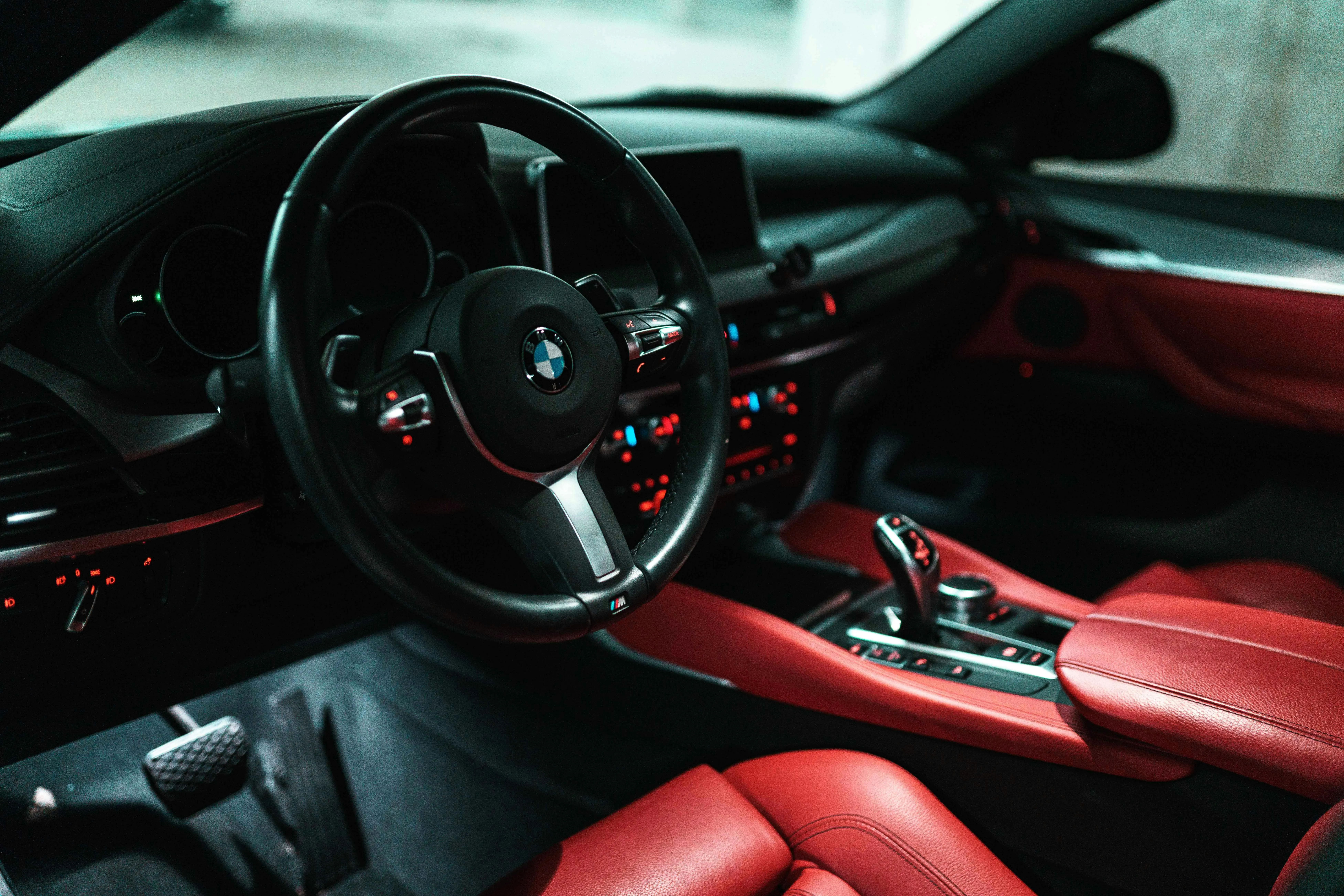 Red Interior View of Bmw Sports Car Dashboard Image