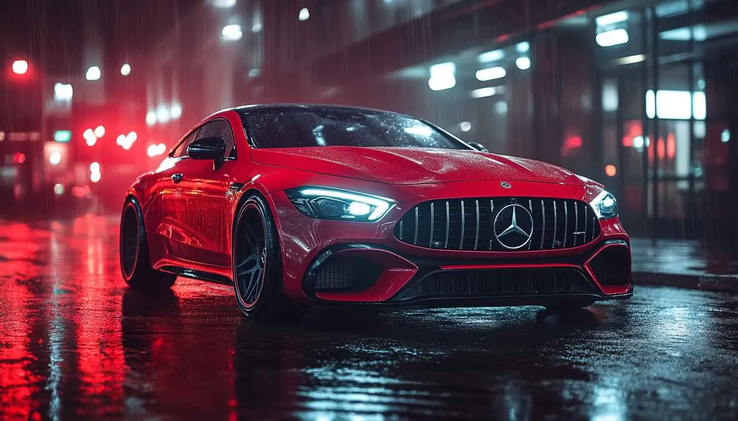 Red Mercedes AMG in Night City Street Scene Wallpaper