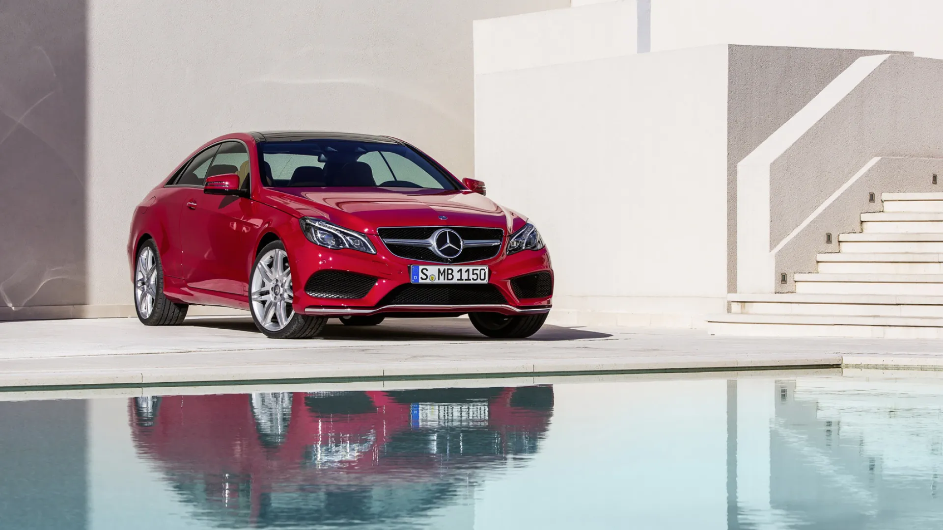 Red Mercedes Benz Car by the Pool in Modern House image