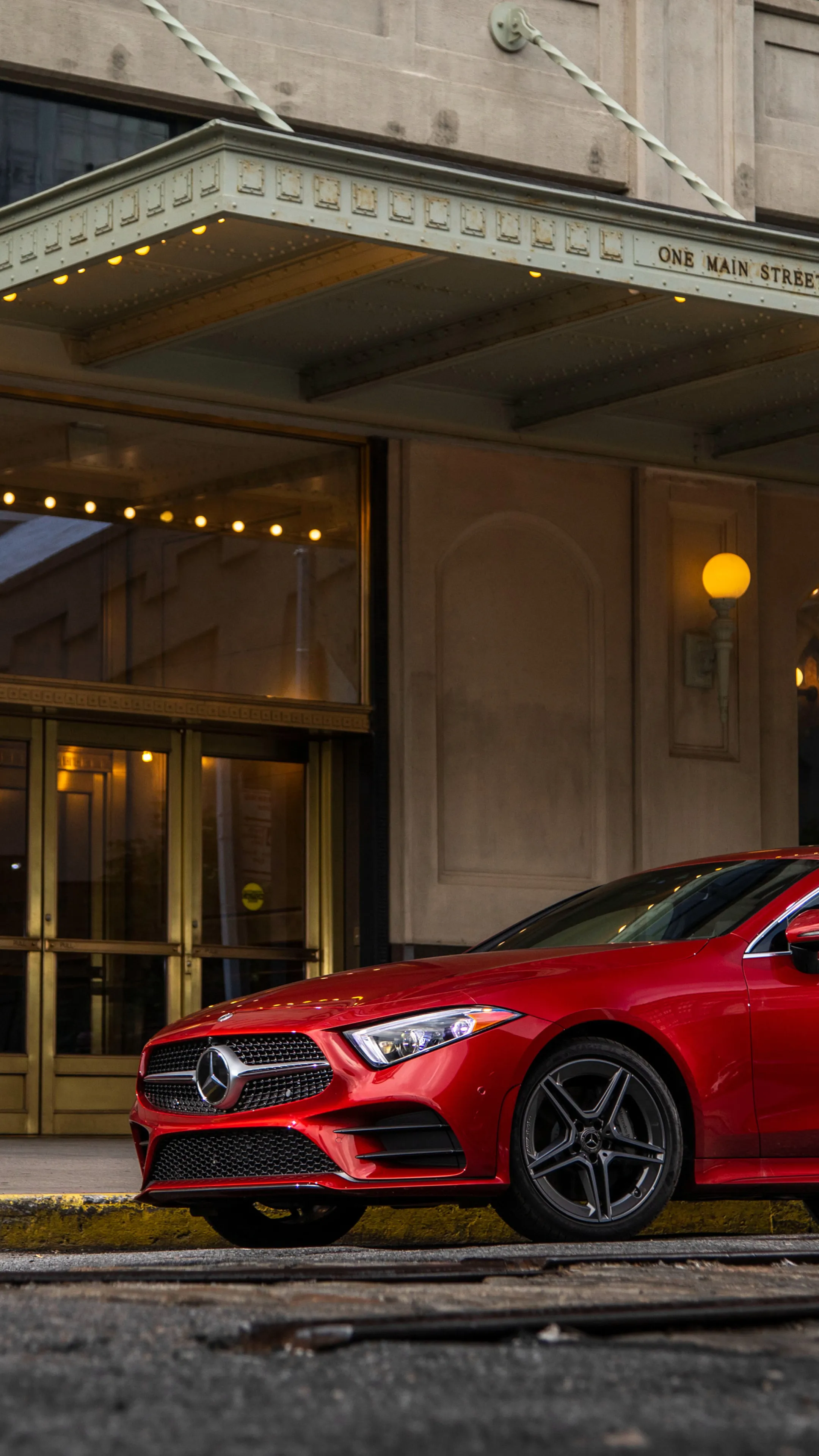 Red Mercedes Benz Car Parked Outside City Building Wallpaper