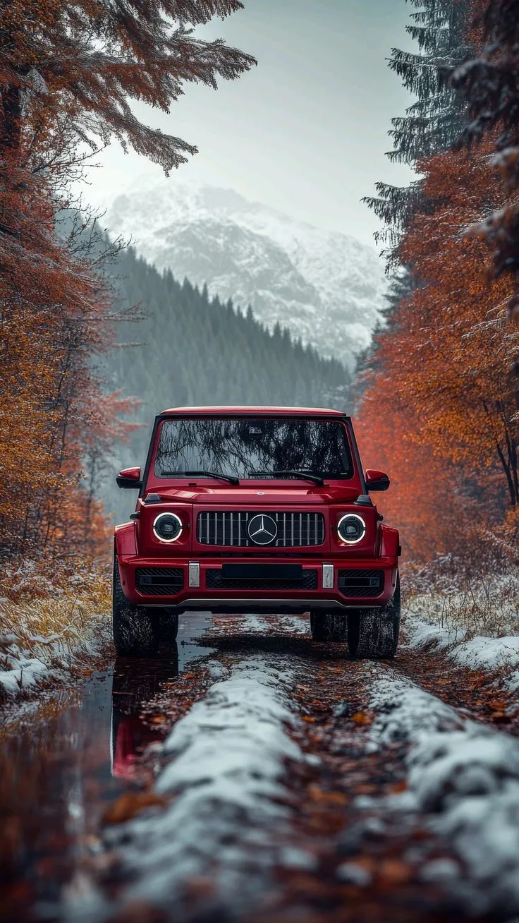 Red Mercedes Benz G Wagon in Mountain Forest Road image