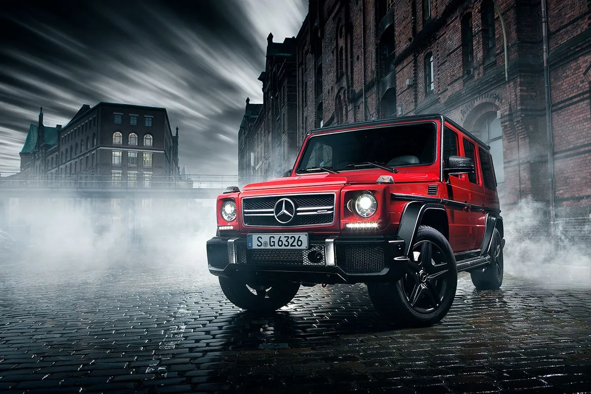 Red Mercedes G Class in Moody Urban Nighttime Scene