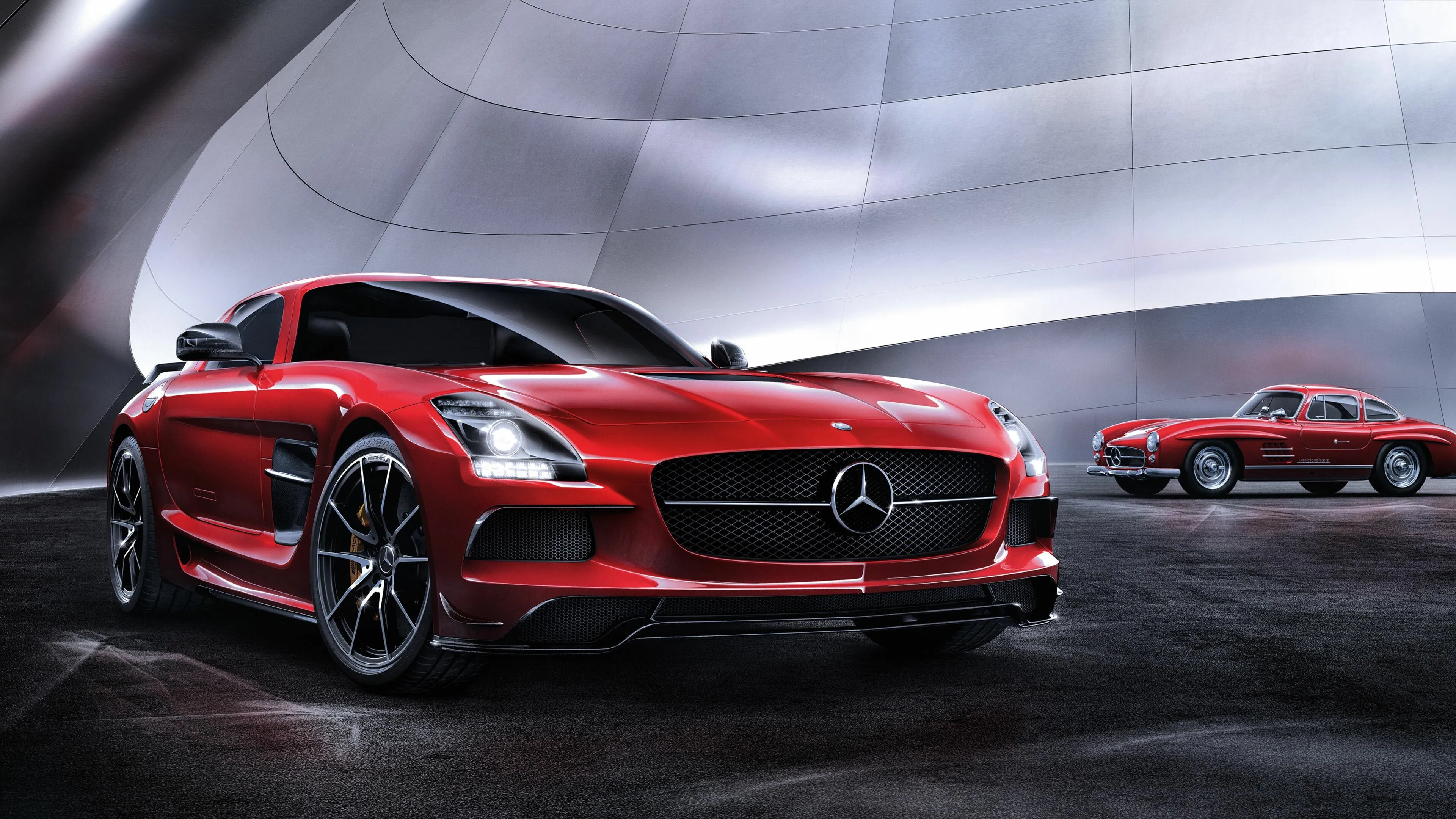 Red Mercedes Sports Car Showcased in Exhibition Space