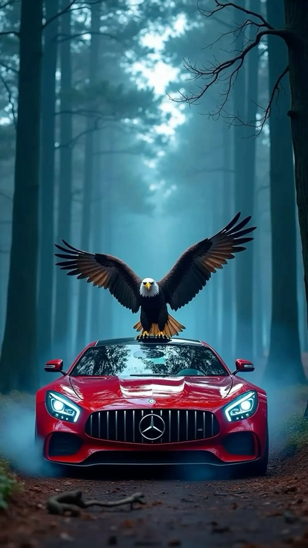 Red Mercedes with Eagle in Mystical Forest Atmosphere