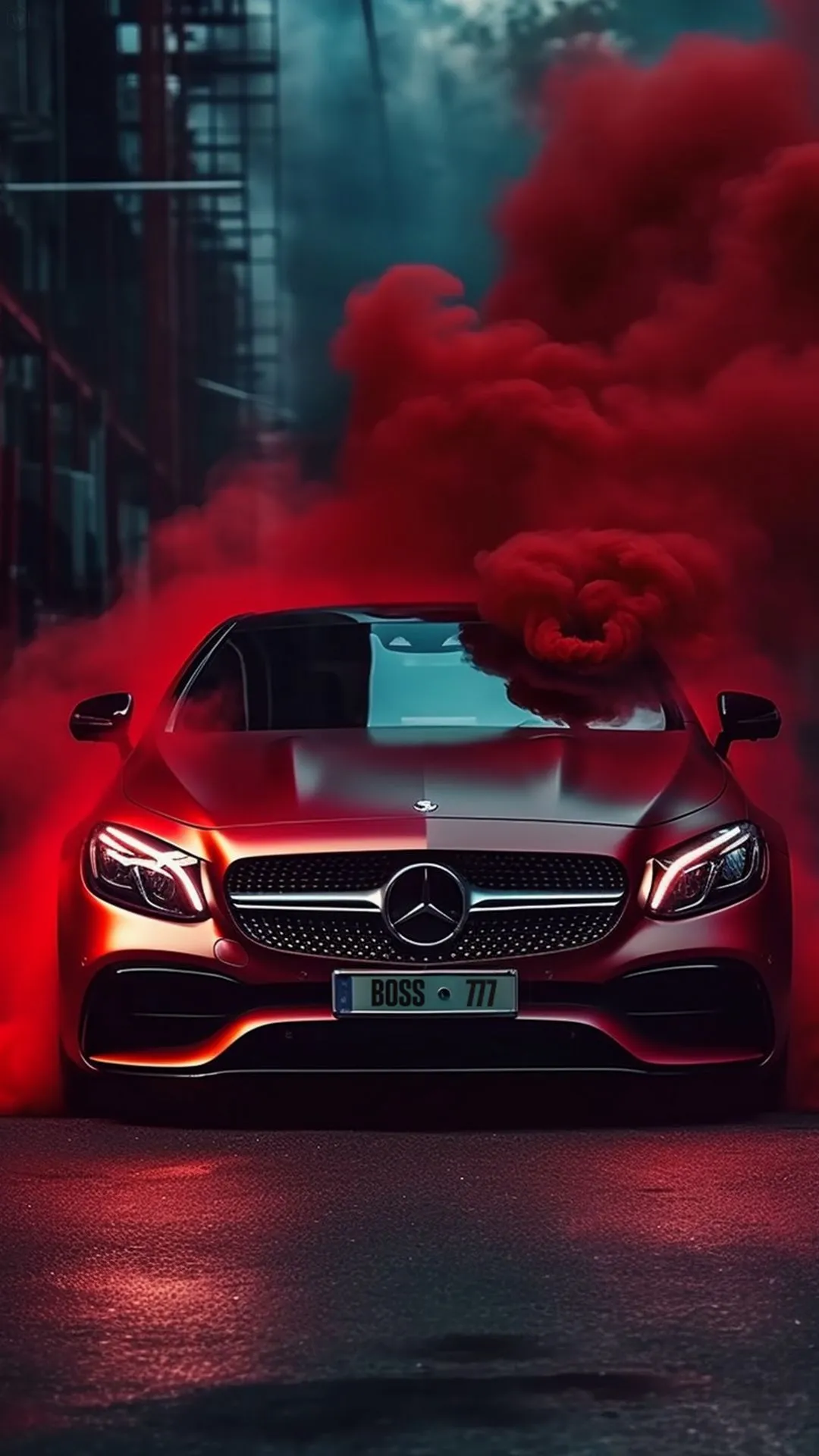 Red Mercedes With Smoke Effect in Dark Street Scene
