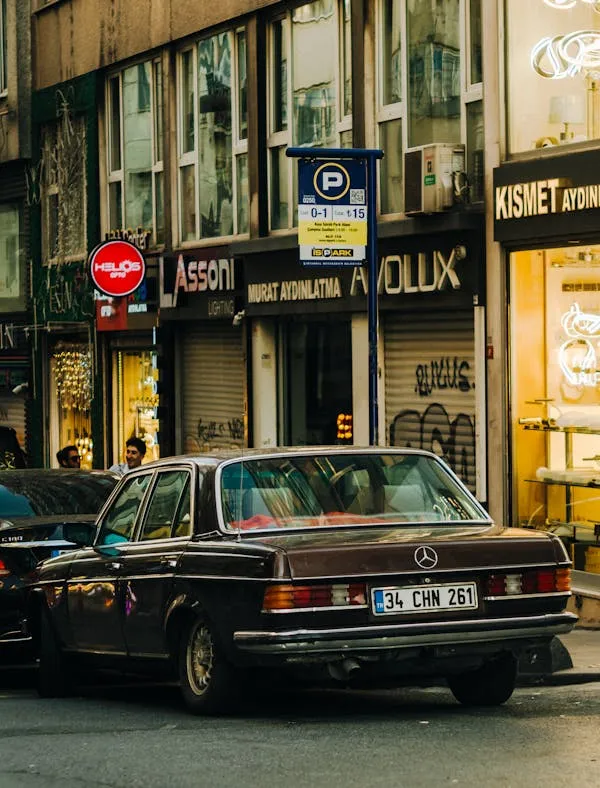 Retro Mercedes Benz in Bustling European Street image