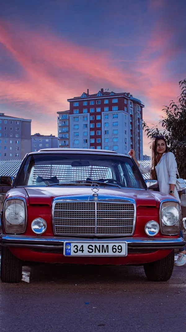 Retro Mercedes Car Parked Under Colorful Evening Sky