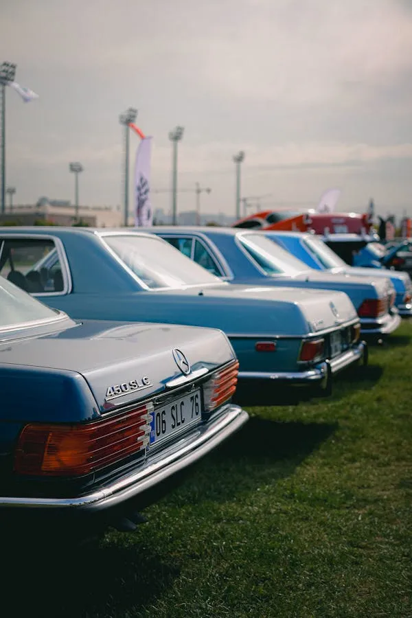 Row of Classic Mercedes Benz Cars Displayed on Grass