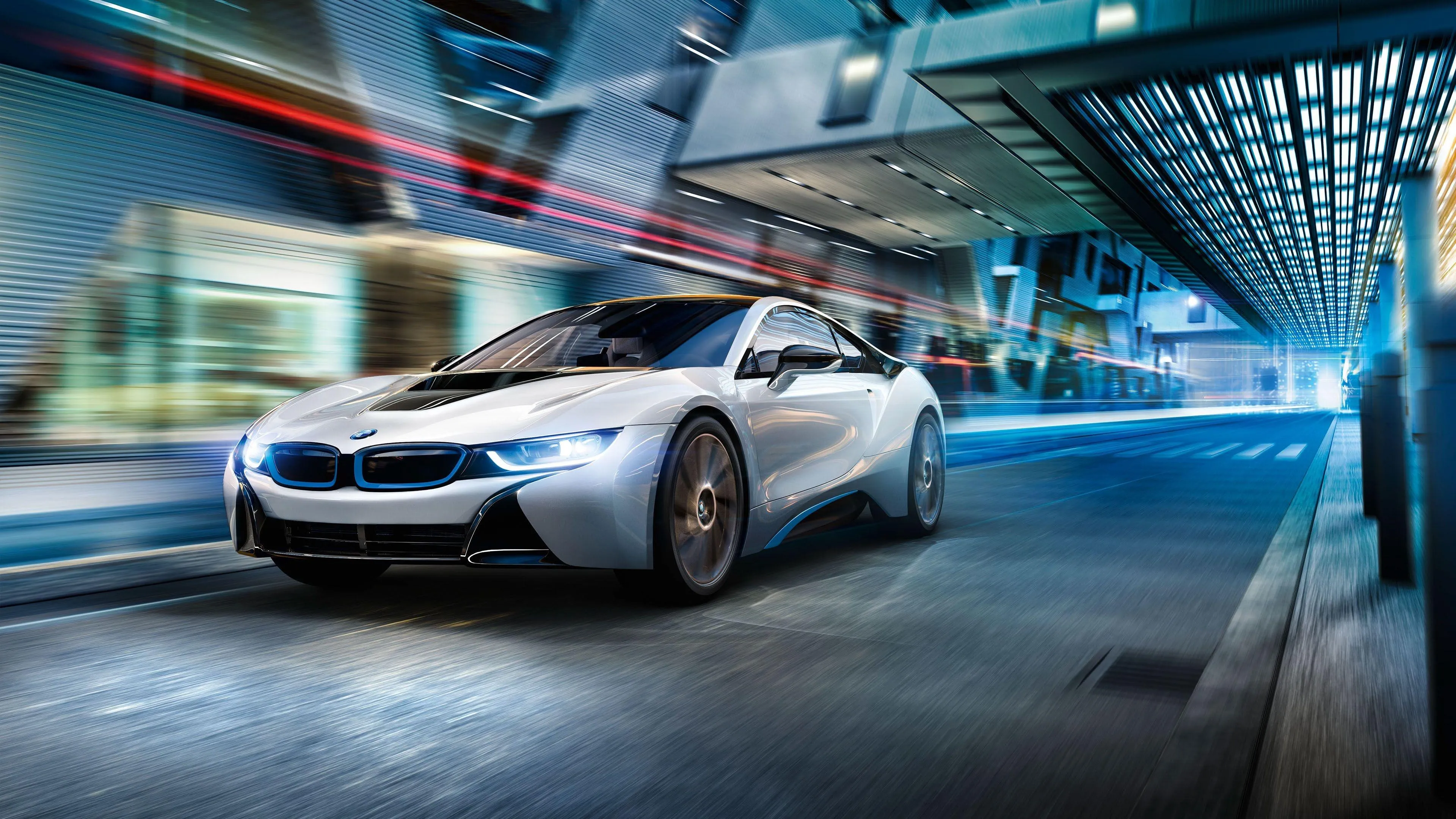 Silver Bmw Speeding Through Urban Tunnel at Night Wallpaper