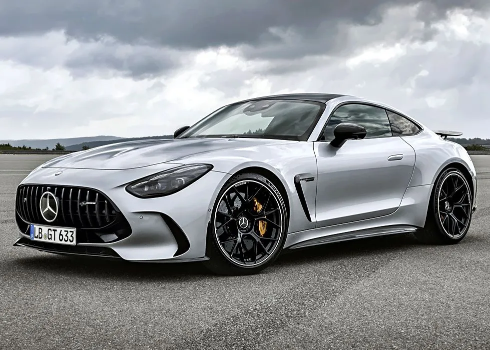 Silver Mercedes AMG Parked on Track Under Cloudy Sky