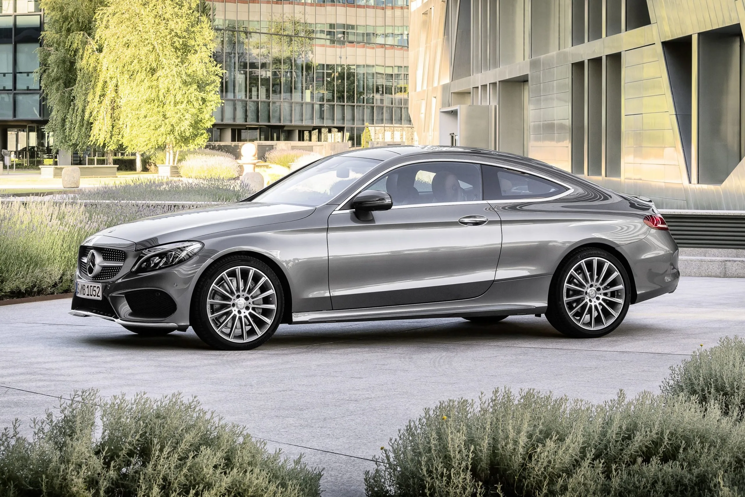 Silver Mercedes Benz Coupe Parked in Urban Greenery