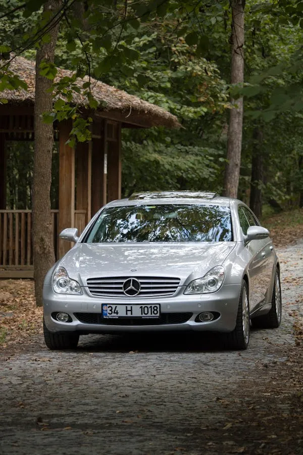 Silver Mercedes Benz Parked in Forest Near Wooden Cabin