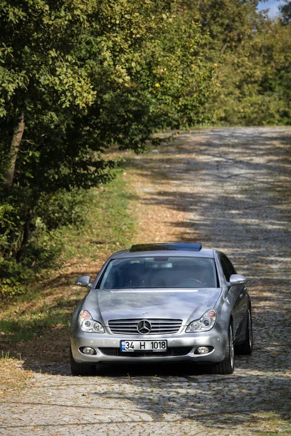 Silver Mercedes Benz Parked on Dirt Road in Forest Area