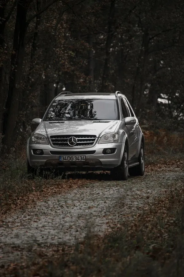 Silver Mercedes Benz SUV on Rural Forest Trail Wallpaper
