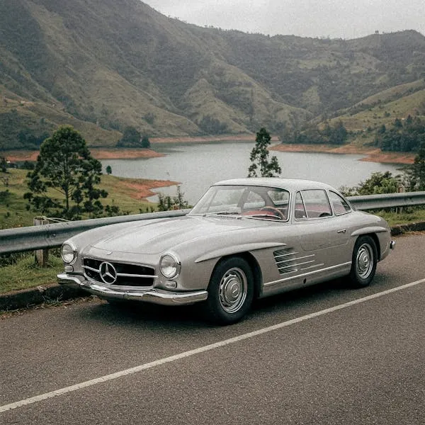 Silver Vintage Mercedes Benz Car Driving on Scenic Road