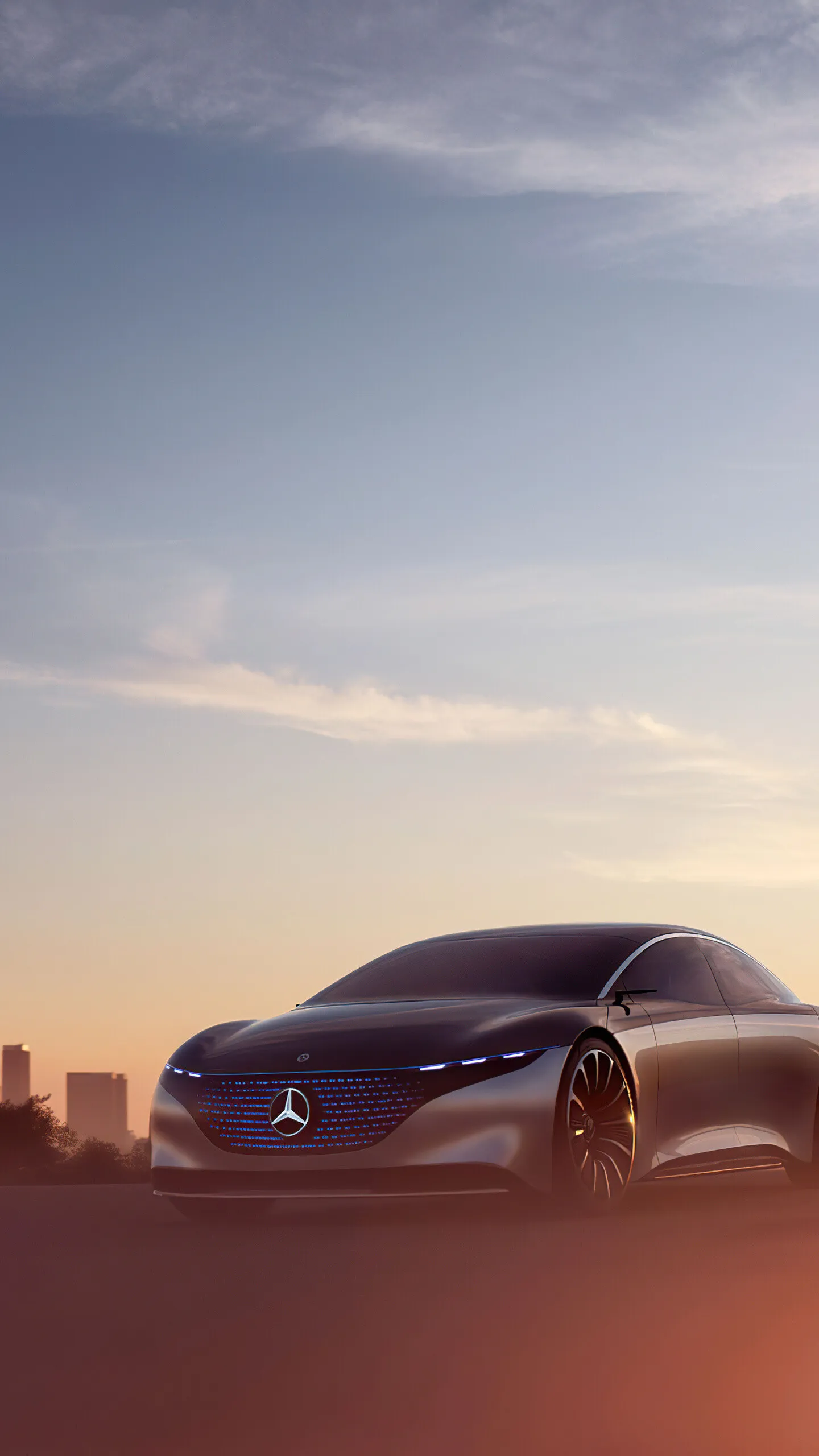 Sleek Mercedes Benz Car Driving During a Sunset Scene