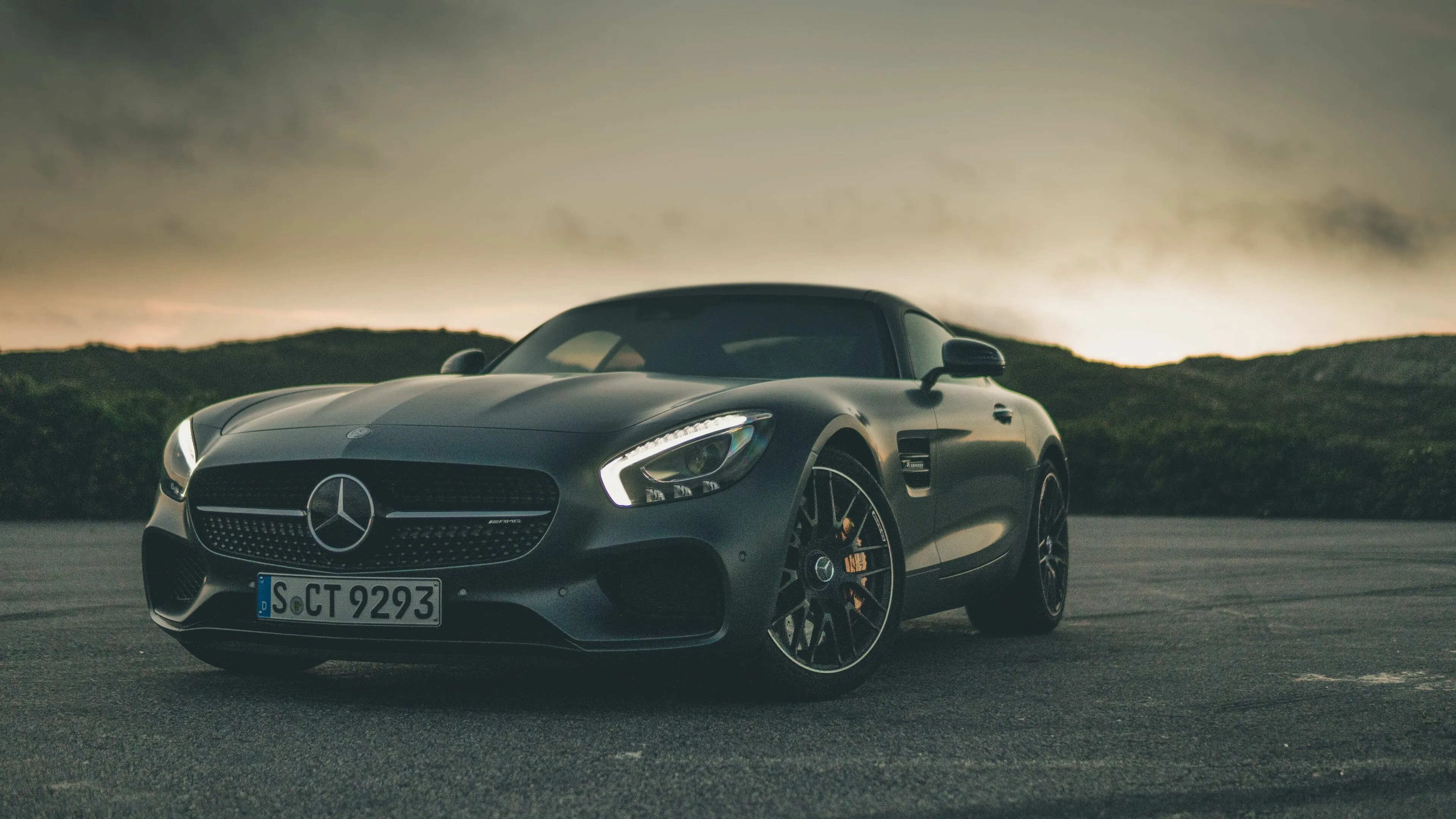 Sporty Mercedes Benz Convertible Parked at Sunset Hour