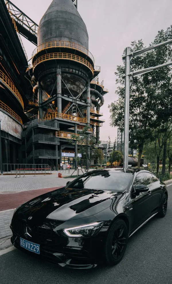 Striking Black Mercedes Benz Coupe Posing in Industrial Zone