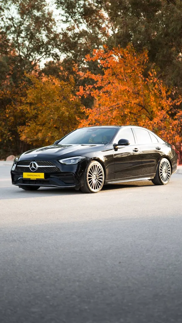 Stunning Black Mercedes Benz Coupe in Autumn Sunset Street