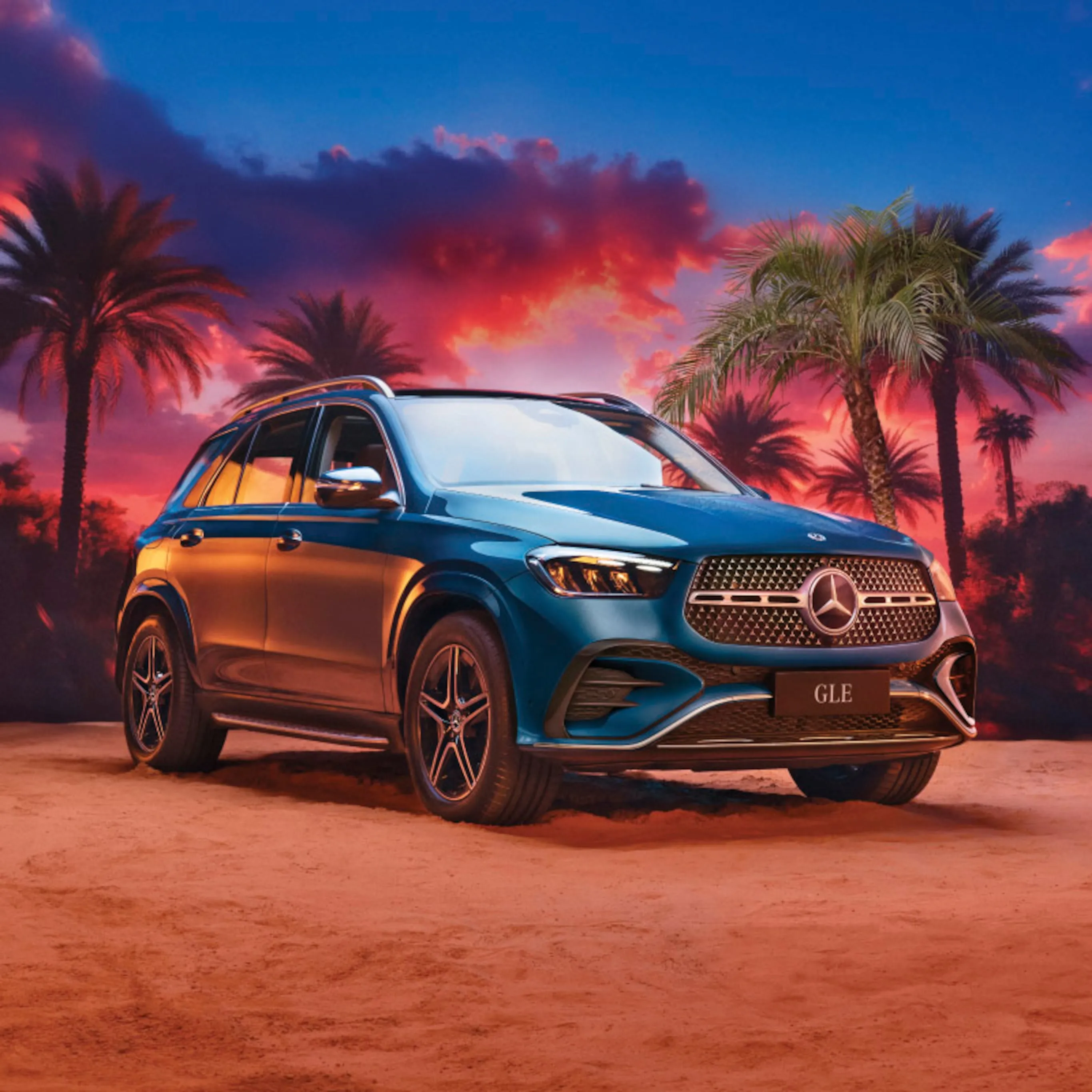 Stunning Mercedes Benz SUV in Desert at Sunset with Palm Trees